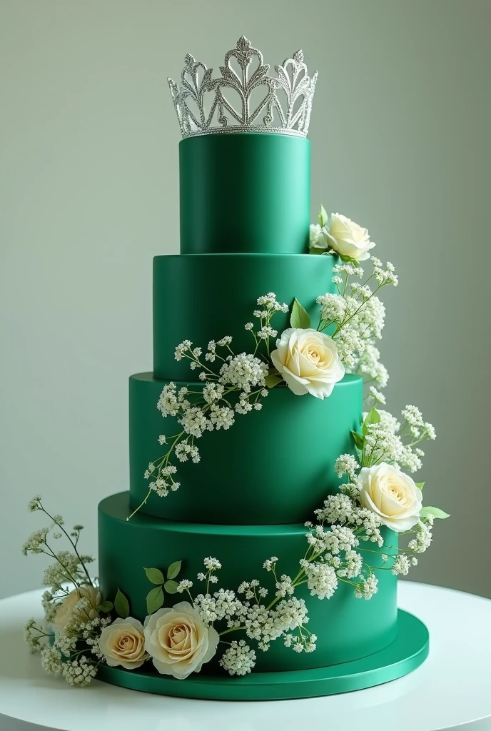 4 layered emerald green cake with babies breath flower diagonally with silver crown on top