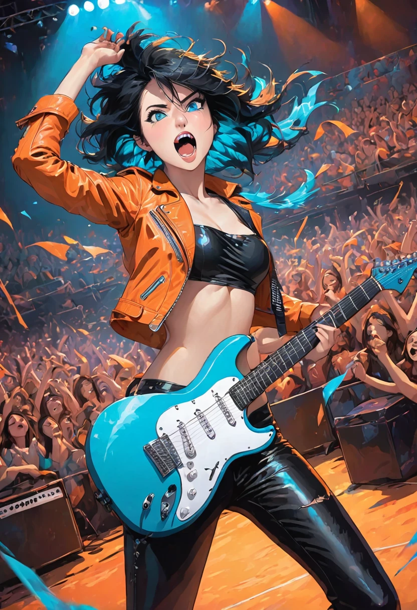 illustration, detailed illustration, ultra detailed, dynamic angle, 30 year old woman, short black hair, hair with cyan streaks, mismatched eyes, orange eye, blue eye, lean, medium breasts, black bikini top, black leather pants, orange leather jacket, playing cyan electric guitar, dark arena, stage, audience, dynamic pose, snarl, mean face