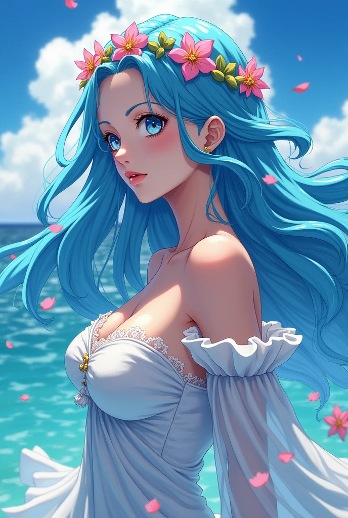 A cartoon drawing of a blue-haired woman wearing a flower crown, Goddess of the Sea, Summer Goddess, we one piece, From 1 piece, the Summer Goddess, Goddess of the Sea, Official artwork, high detailed Official artwork, we, beautiful portrait of we, we From 1 piece, Nico Robin, One Piece Art Style
