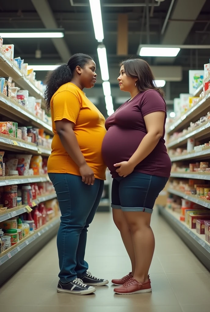 Pov you are shopping with your plus size step mother who is pregnant with a big belly at a supermarket. fisheye camera view, iphone camera style. 8k hd, realface, cinematic