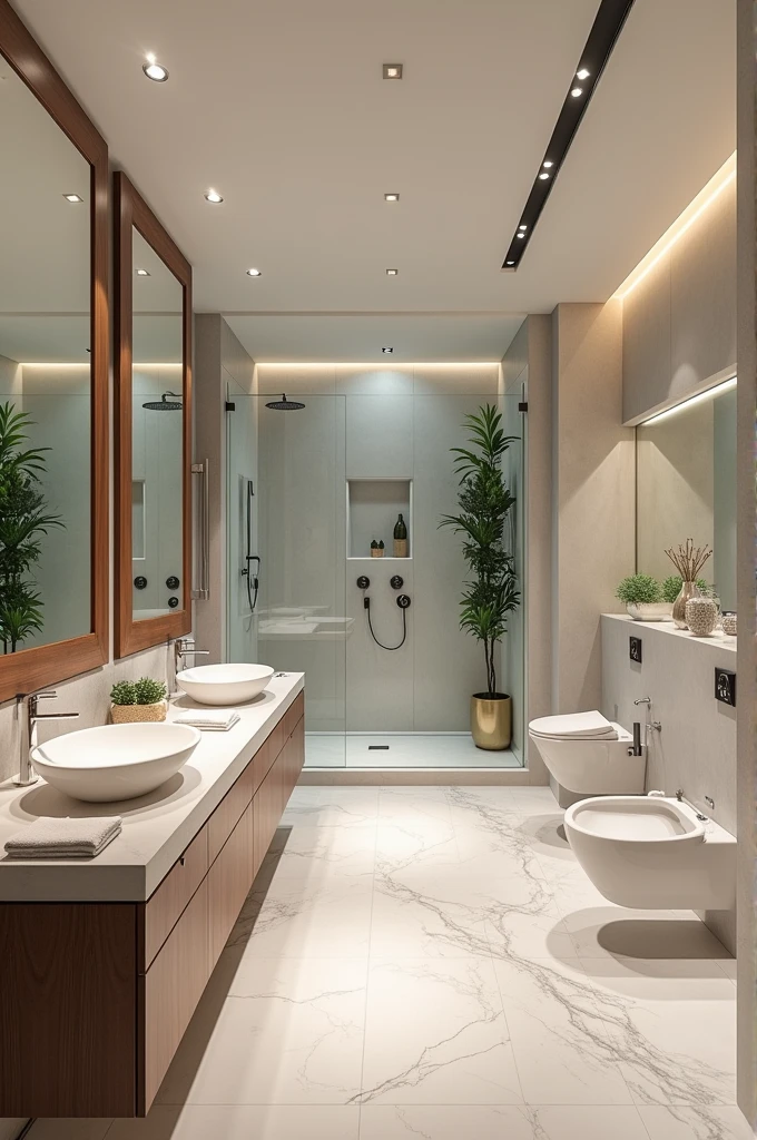 Show me bathrooms with the following features:
2 sinks with vanity 2 toilets 2 showers and one with a shower and another with a multi-jet shower a linen closet and an area for ironing 2 full-length mirrors open spaces or garden minimum one delivery requirements