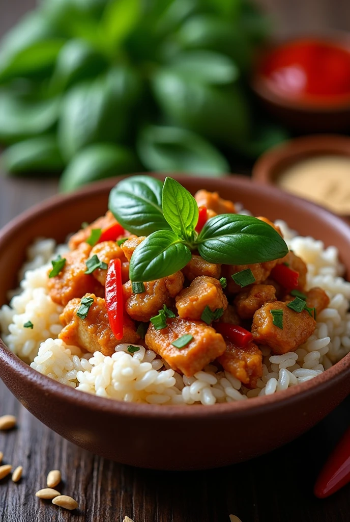 Stir-fried minced chicken with holy basil and riceberry