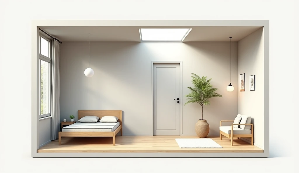Make a floor plan of a room with the following specifications Room dimensions: 4.0m Length 3.2m Width Desired distribution (For example, Do you want a master bed?, wc area, work area): a little bit of everything Style: minimalist Other details: A window on the right side ( on the wall of 3.2m), 2 windows on the front (on the wall of 4.0m) and between the 2 windows a door