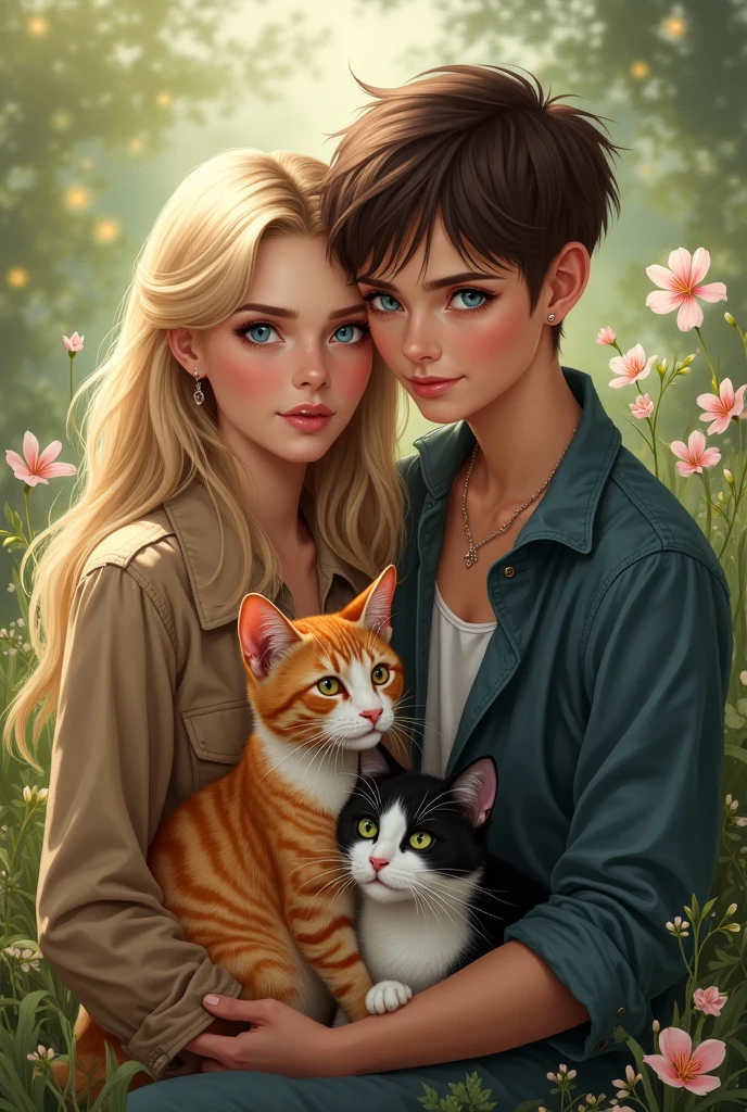 I'm writing a lesbian novel where the elder one in the lead couple is feminine but not so feminine she's 5'8" tall wears not so feminine clothes  has long silky blonde hair with sea blue eyes and the younger one has dar brown short boy cut hair. She is masculine wears stylish masculine clothes  and has emerald green eyes she's around 6'2" tall. My novel title is WOVEN TOGETHER. 
I don't the cover picture to be in a home scenario 
So I want my cover to be something romantic a homely and a little realistic and they both have cats an orange boy and a black and white girl cat. I want you to make a little realistic cover picture for me