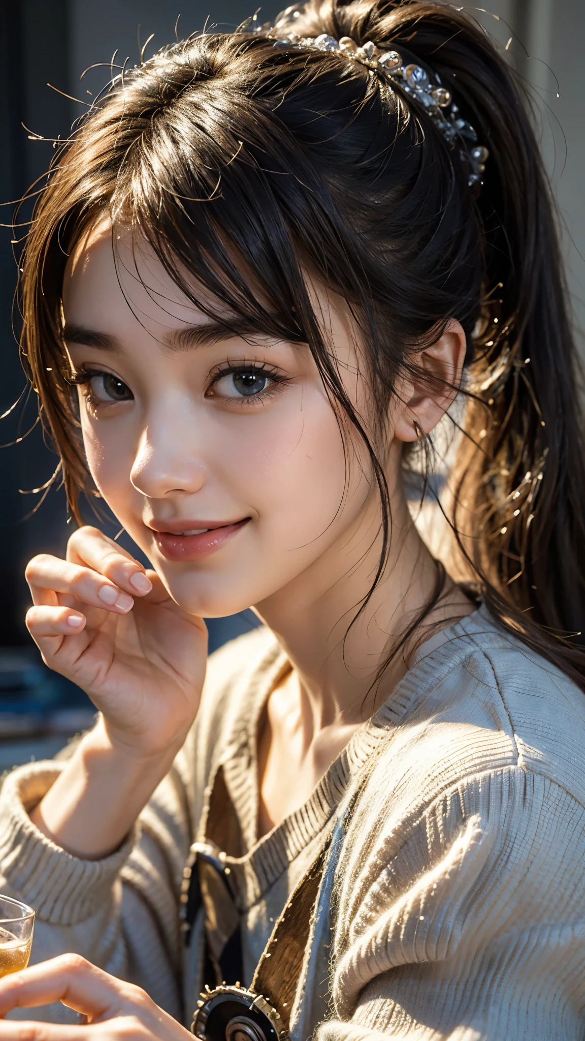 Highest quality, masterpiece, Ultra-high resolution,4K, (Realistic:1.4), (Close-up portrait) RAW Photos, 1 girl, high school girl, Holding a glass, masterpiece, Realistic pictures, Japanese Photos, Fuji Negative Film, saturation, Contrast, Pocari Sweat advertisement ((Small breasts)),((Smiling with teeth showing)),Ponytail and Hair Tie