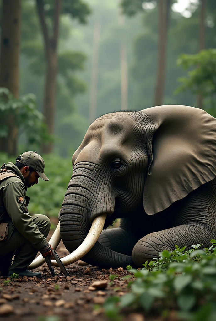 An elephant is sleeping on the ground while a poacher uses a saw to remove its tusks or ivory.