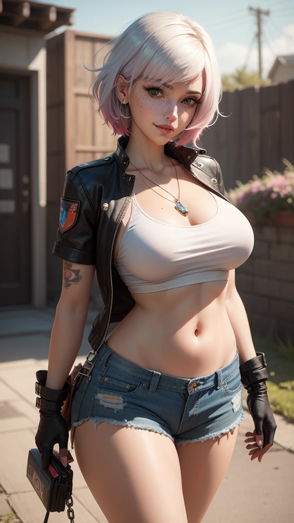 gwen tennyson,tracer,y'shtola rhul,yorha 2b,overwatch,nier automata,mecha pilot,ranch,tattoos,orange and pink plugsuit,red short sleeve cowboy top,denim micro shorts,uncovered belly,short hair,punk makeup,green eyes,multicolored silver hair,sexy smile,freckles,beautiful girl,large breasts,8k,ultra detailed,realistic,fantasy art,ear piercings,cowboy uniform,saiyan girl,short sleeve cowboy jacket,cow farm,walking,chain necklace,cowboy hat,