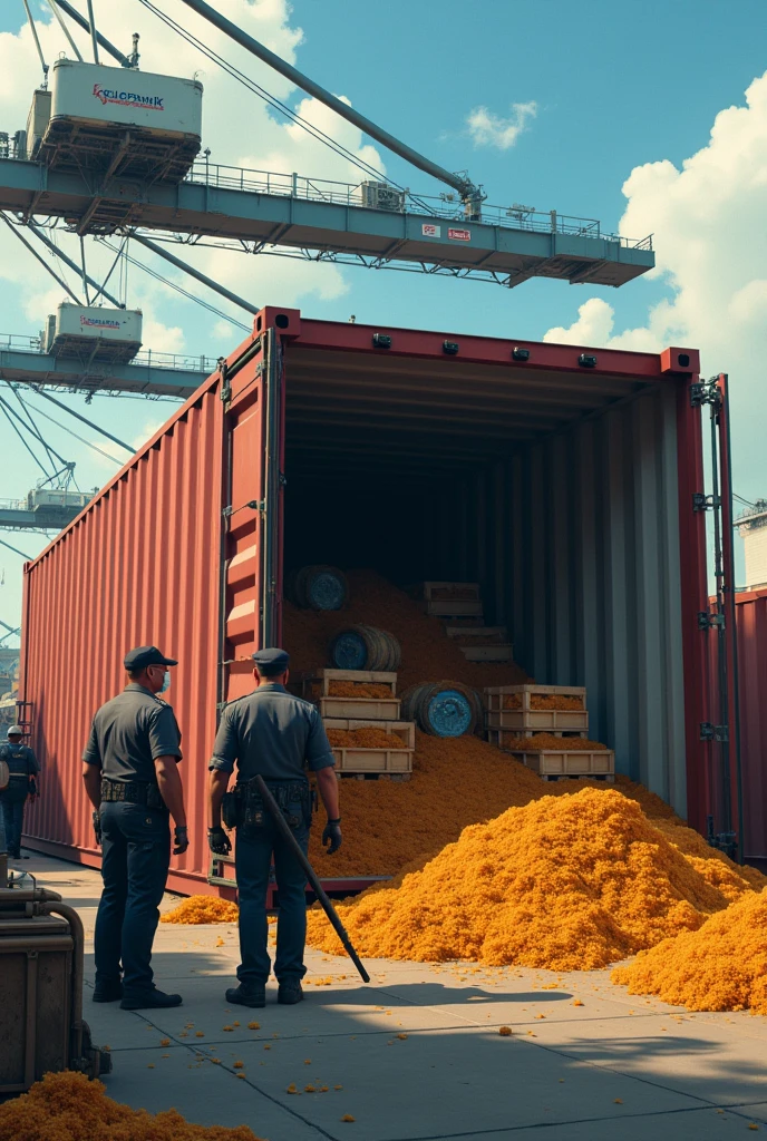 Make a picture of a large container that is carrying a load full of fruit pulp, and they are inspecting the container to see if it has drugs.