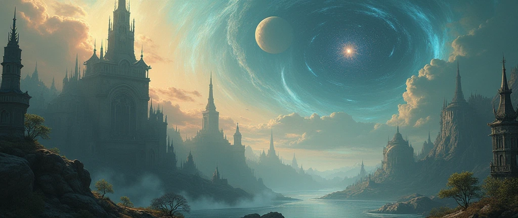 digital painting, Gossamer,solemn fantasy city at the beginning of the universe, by Georg Hilmarsson, 8k, ultra high detail