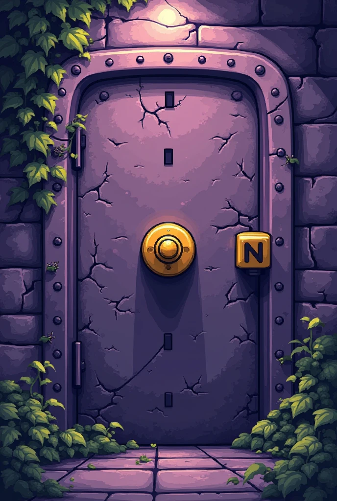 Generates a purple wall with traces of antiquity and vegetation in the middle there is a yellow lever. All this with a video game-like pixelated style similar to the visual style of Undertale.