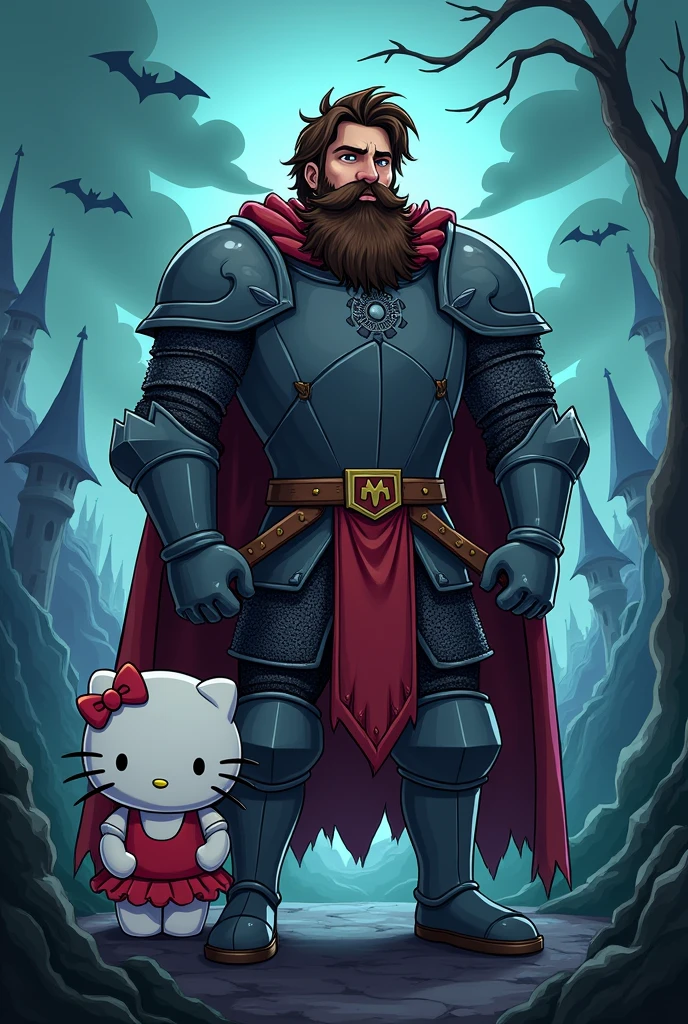 Sir Arthur from Ghost N Goblins cartoon with the character: Hello Kitty's Kuromi by his side in cartoon
(Try making Sir Arthur with dark brown hair and a brown lumberjack beard)
Make Kuromi the same size as Sir Arthur Dark Landscape, with creepy demons and gargoyles plus cartoonish Sir Arthur's armor as a medieval knight