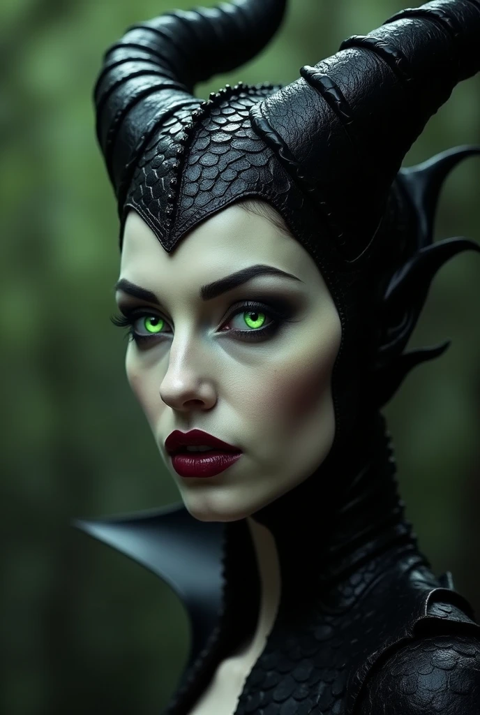 Maleficent in the process of transforming into a dragon, she is not quite human, yet not quite a dragon, her eyes are glowing a pale green, dark red lipstick, powerful, black leathery scales