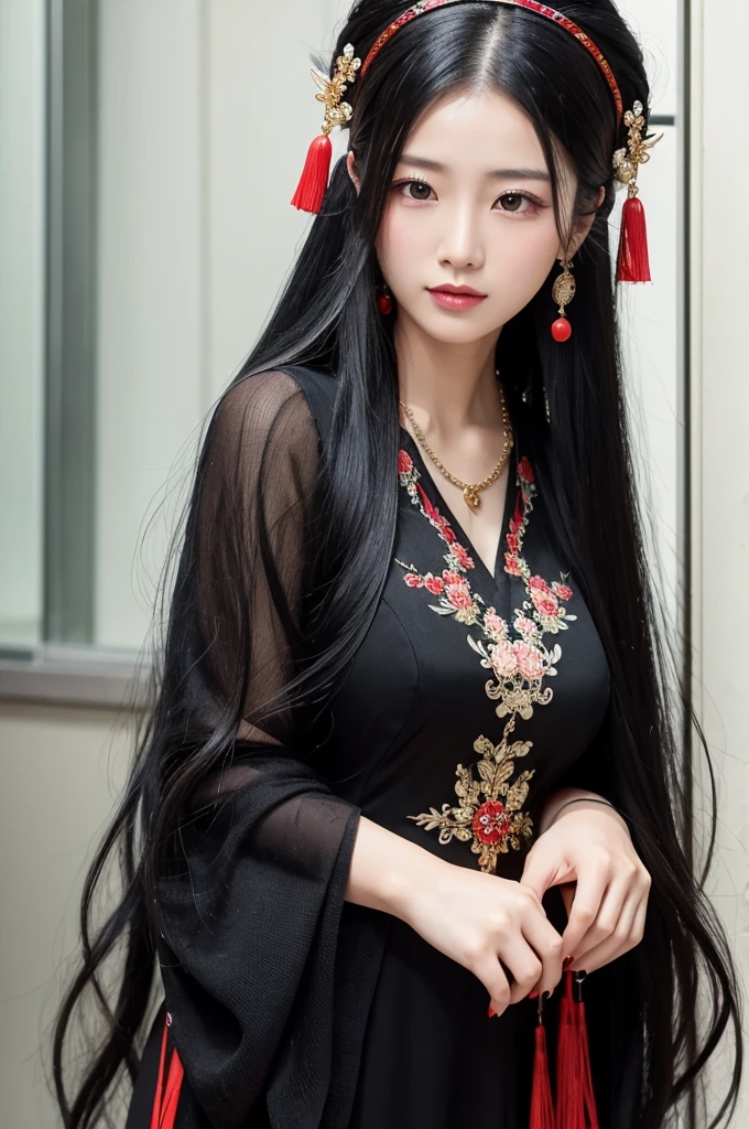 Long black hair, beautiful woman, Chinese dress, hair accessory, necklace