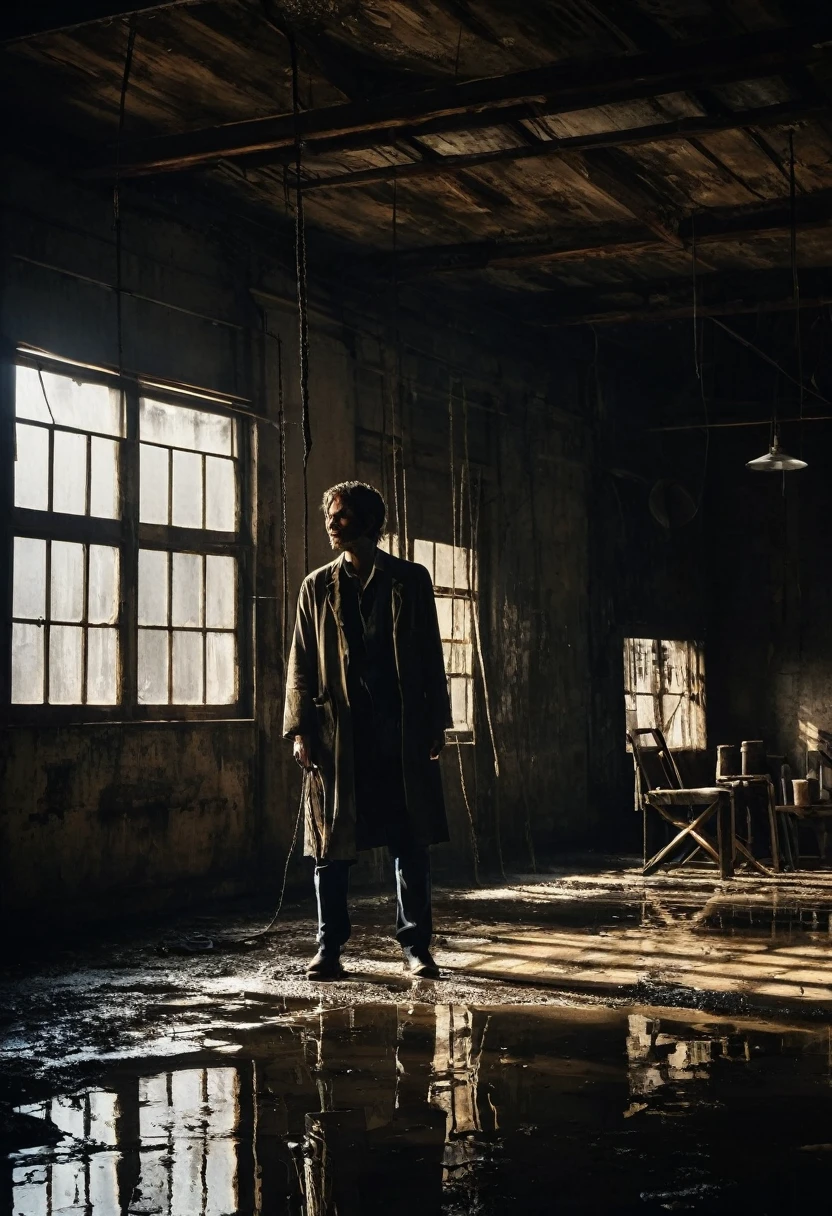Abandoned warehouse interior, high ceiling with exposed beams, shafts of dusty light from broken windows, Misaki tied to wooden chair in center, spotlight from single hanging bulb, determination on her bruised face, disheveled appearance, torn lab coat, sweat beading on forehead, ropes digging into wrists, dark silhouette of man in doorway holding gun, old machinery and crates creating ominous shadows, puddles on concrete floor reflecting light, distant sound of dripping water, rat scurrying in corner, tension palpable in air, high contrast noir-style lighting, gritty texture, thriller movie still, ultra-detailed, 8k --AR 16:9 --stylize 1000