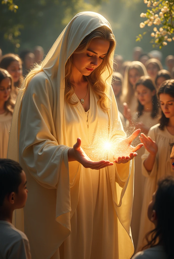 Create 6 images that portray a serene and compassionate saint, dressed in flowing robes and with a soft glow around her. She is performing the miracle of healing, with hands gently extended toward a group of sick or injured people. The atmosphere is of divine light and hope, with the expression of the saint radiating love and peace. The background should be a peaceful place., perhaps a sacred shrine or an outdoor space, with the focus on the saint and the people receiving her healing touch.