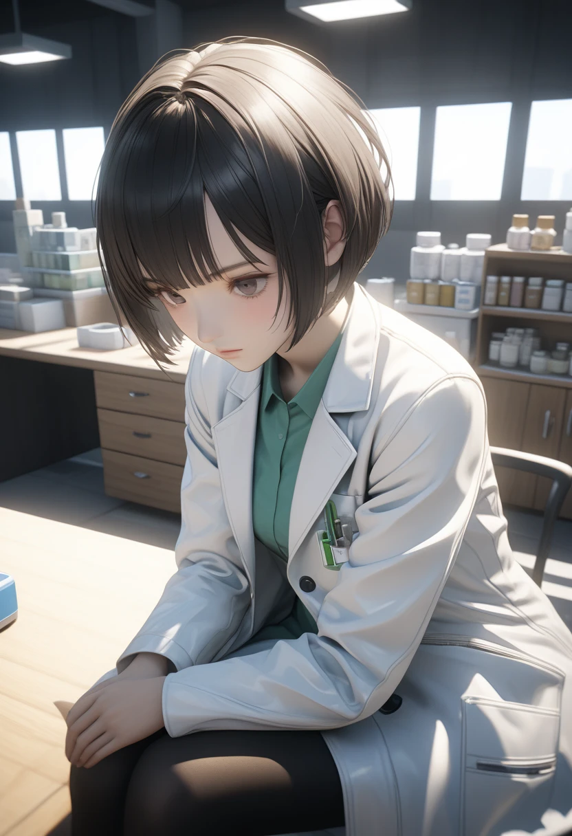 ((Highest quality)), ((masterpiece)), (detailed:1.4), Ray Tracing,NVIDIA,Super Resolution,Unreal 5,Scattered beneath the surface,PBR Texturing,Post-processing,Anisotropic Filtering,Depth of written boundary,Maximum clarity and sharpness,Female Pharmacist, (Look straight at me:1.3), (Polite service without tilting your head:1.2),  (A white coat that hides the lines of the body:1.3), (No body line:1.3), (Super Short Hair:1.3) Cowboy Shot, Health Room, Sulky look,black tights,sitting by the desk,