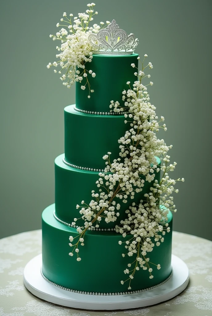 4 layered emerald green icing cake with babies breath flower diagonally with silver crown on top