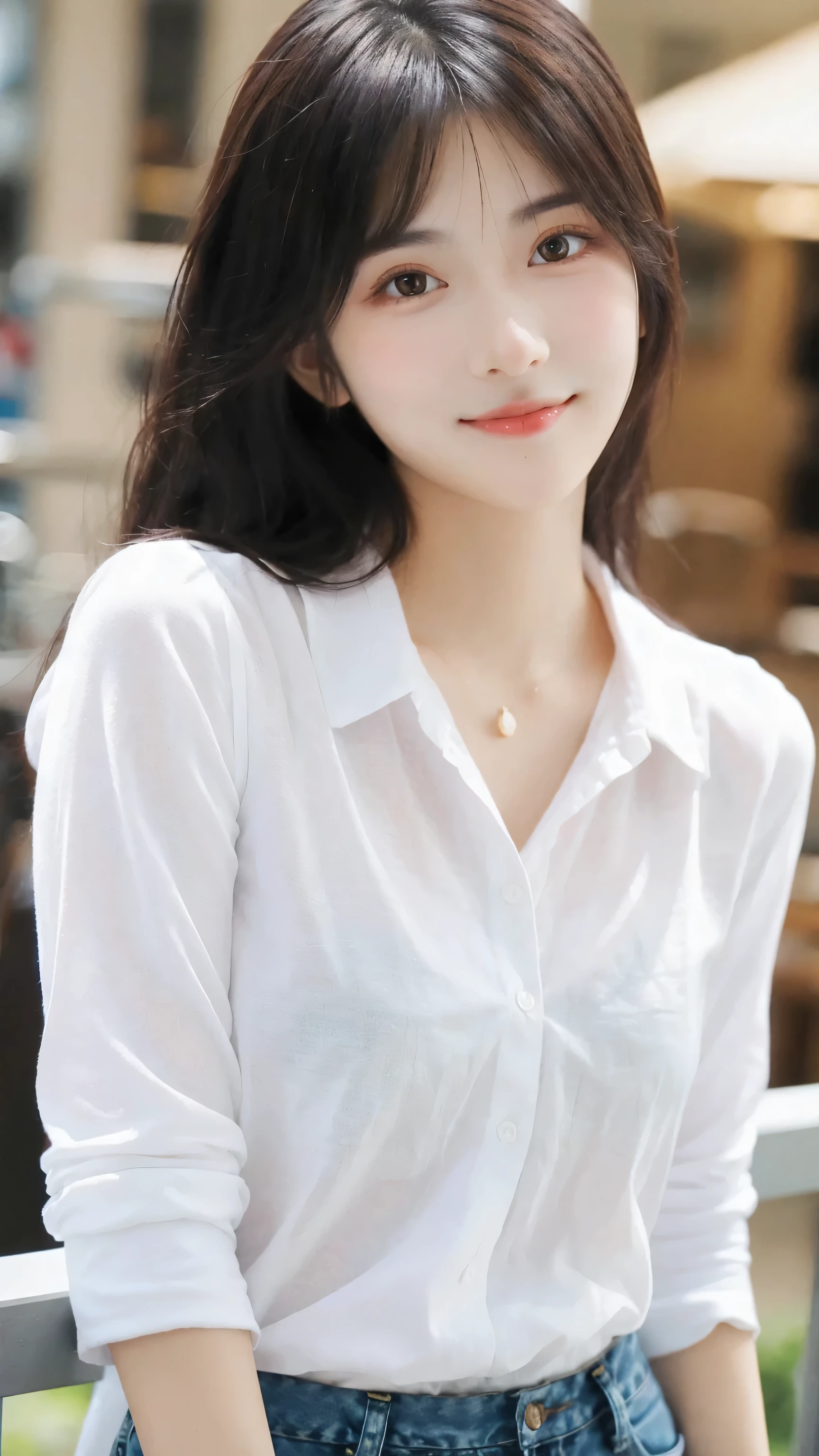 (8k, RAW Photo, Best Quality, Masterpiece:1.2), table top, Ultra Detail, Super Resolution, (Realistic, Realistic Photo:1.37), Portrait, High Detail RAW Color Photo, Professional Photo, Extremely Detailed and Beautiful, Extremely detailed, 8k wallpaper, amazing and detailed, huge file size, official art, highly detailed CG unity 8k wallpaper, highly detailed beautiful girl, highly detailed face, highly detailed eyes, highly detailed skin, highly detailed fingers, highly detailed nose, very detailed detailed mouth , perfect anatomy, highly detailed background, highly detailed clothes, 1girl, 1 girl, cute girl, realistic body, fair skin, glowing skin , slim body, handsome body, black hair , semilong hair, (blunt bangs:1.2), smile, cute, youthful, cute face, realistic face, delicate eyes, drooping eyes, looking at viewer, facing front, standing posture, Contraposto,  (medium chest), (Perfect Body Proportions), (slender Body Proportions), super sexy pose, (white shirt), (jeans pants), (authentic bar), 