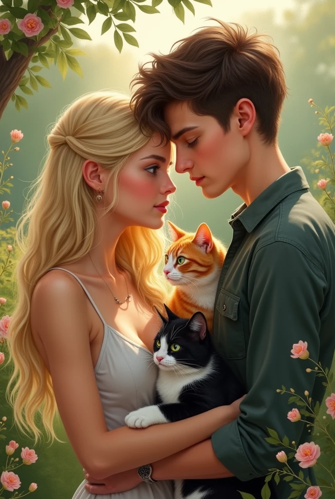 I'm writing a lesbian novel where the elder one in the lead couple is feminine but not so feminine she's 5'8" tall wears not so feminine clothes has long silky blonde hair with sea blue eyes and the younger one has dar brown short boy cut hair. She is masculine wears stylish masculine clothes and has emerald green eyes she's around 6'2" tall. My novel title is WOVEN TOGETHER.
I don't the cover picture to be in a home scenario
So I want my cover to be something romantic a homely and a little realistic and they both have cats an orange boy and a black and white girl cat. I want you to make a little realistic cover picture for me