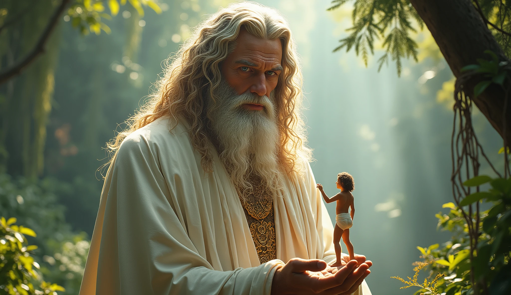 (master part, absurderes, highres, ultra detaild), 1 men, God Almighty, wavy blond hair, grown-up, blue colored eyes, white beard, male focus,Face pretty, white robe clothes, enchanting, Lovely, detailed eyes and face, 32K UHD, RAw style, in the garden of eden, gigantic man God, holding Adam in his hand, Adam is has tiny as God's little finger but has the body of a 20 years old male, Adam is 20 years old athletic body but he's as small as thumbelina.