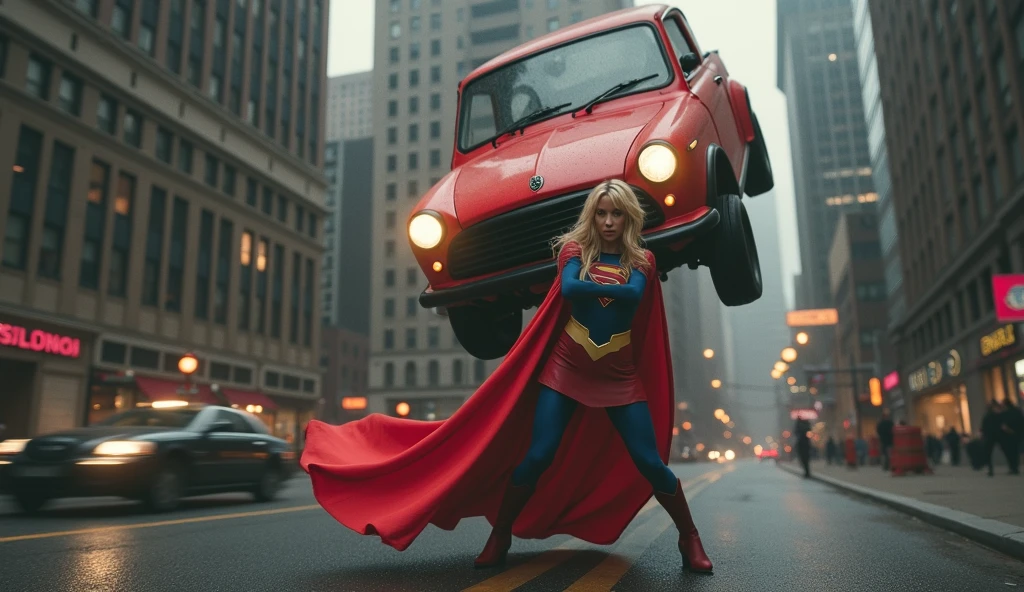 intricate detailed supergirl, muscular female superhero, red and blue costume, lifting car effortlessly, urban city background, dramatic lighting, cinematic composition, high contrast, cinematic lighting, dynamic pose, powerful, heroic, photorealistic, 8k, best quality, hyper detailed, masterpiece