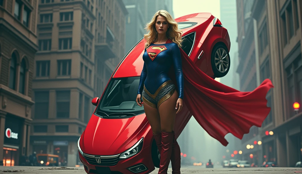 intricate detailed supergirl, muscular female superhero, red and blue costume, lifting car effortlessly, urban city background, dramatic lighting, cinematic composition, high contrast, cinematic lighting, dynamic pose, powerful, heroic, photorealistic, 8k, best quality, hyper detailed, masterpiece