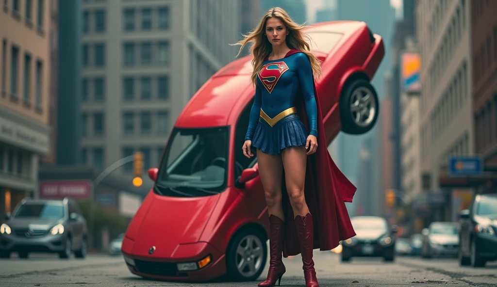 intricate detailed supergirl, muscular female superhero, red and blue costume, lifting car effortlessly, urban city background, dramatic lighting, cinematic composition, high contrast, cinematic lighting, dynamic pose, powerful, heroic, photorealistic, 8k, best quality, hyper detailed, masterpiece