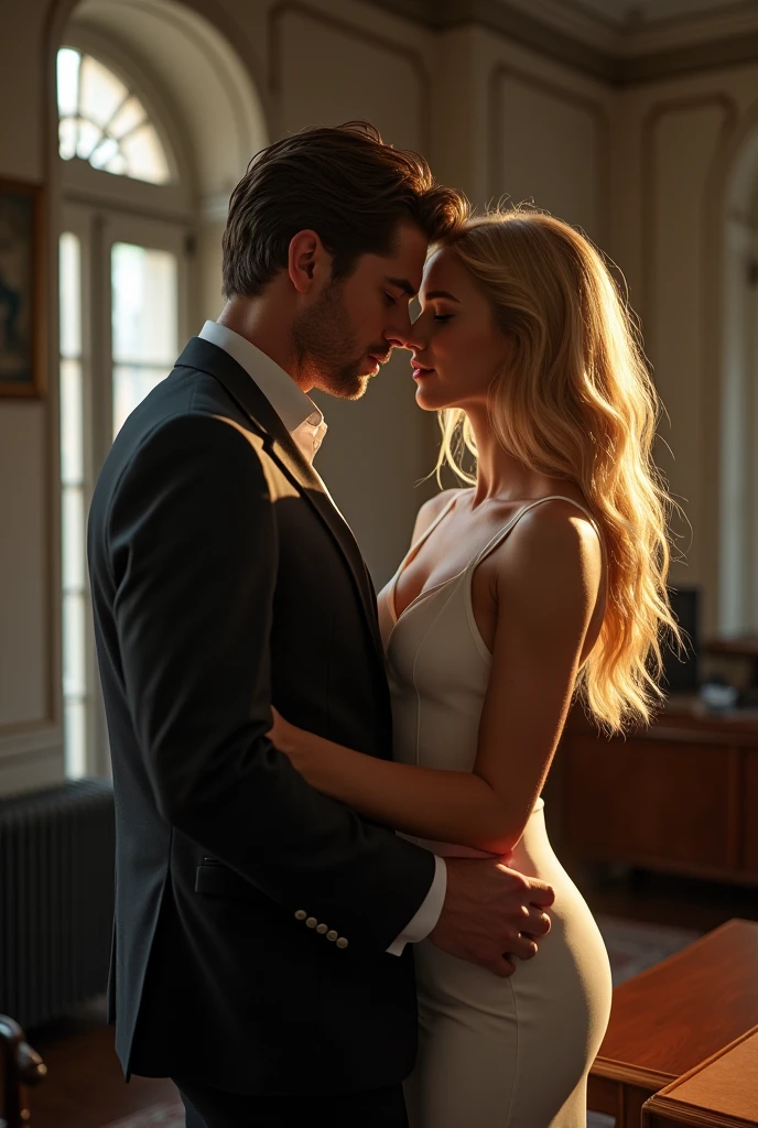 A handsome red eyes demon young man with a beautiful heiress standing in an intimate manner