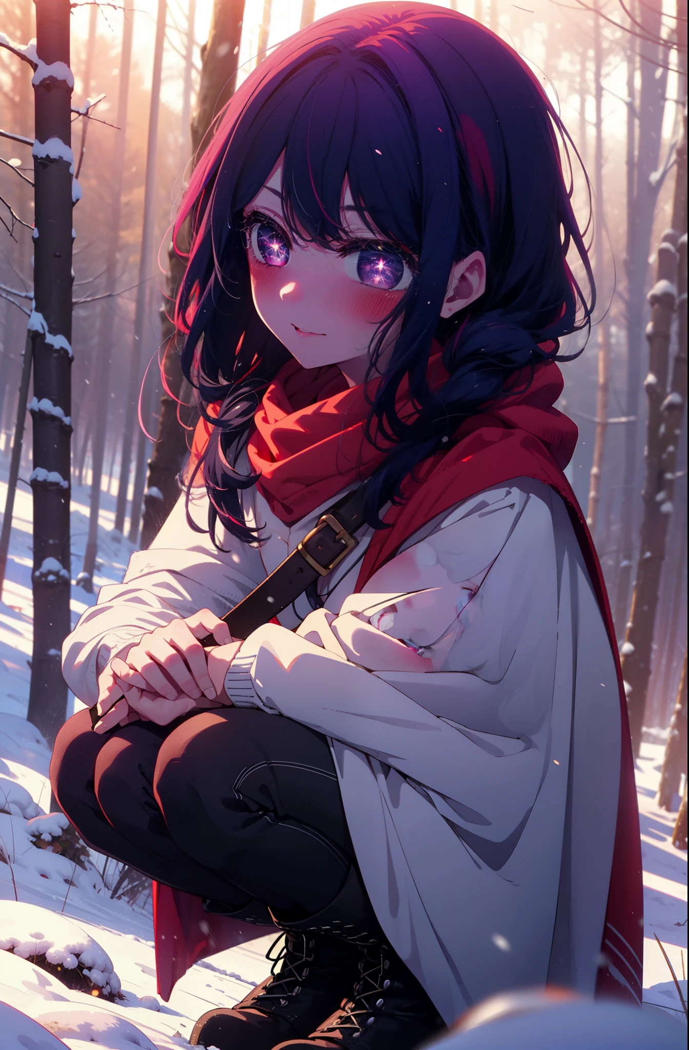 aihoshino, Ai Hoshino, Long Hair, bangs, (Purple eyes:1.1), Purple Hair, (Symbol-shaped pupil:1.5), smile,,smile,blush,white breath,
Open your mouth,snow,Ground bonfire, Outdoor, boots, snowing, From the side, wood, suitcase, Cape, Blurred, , forest, White handbag, nature,  Squat, Mouth closed, Cape, winter, Written boundary depth, Black shoes, red Cape break looking at viewer, Upper Body, whole body, break Outdoor, forest, nature, break (masterpiece:1.2), Highest quality, High resolution, unity 8k wallpaper, (shape:0.8), (Beautiful and beautiful eyes:1.6), Highly detailed face, Perfect lighting, Highly detailed CG, (Perfect hands, Perfect Anatomy),