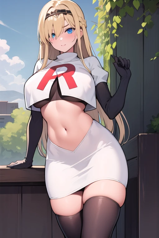 masterpiece, best quality,simple eyes,outdoors,1girl,north carolina,bangs, blonde_hair, blue_eyes,large breasts, eyebrows_visible_through_hair, hairband, long_hair, long_sleeves, looking_at_viewer, team rocket,team rocket uniform,white skirt,red letter R,crop top,black thigh-highs,black elbow gloves