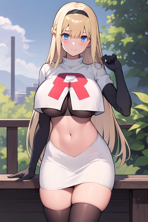 masterpiece, best quality,simple eyes,outdoors,1girl,north carolina,bangs, blonde_hair, blue_eyes,large breasts, eyebrows_visible_through_hair, hairband, long_hair, long_sleeves, looking_at_viewer, team rocket,team rocket uniform,white skirt,red letter R,crop top,black thigh-highs,black elbow gloves