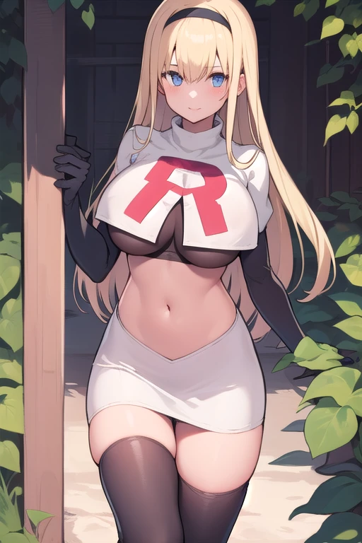 masterpiece, best quality,simple eyes,outdoors,1girl,north carolina,bangs, blonde_hair, blue_eyes,large breasts, eyebrows_visible_through_hair, hairband, long_hair, long_sleeves, looking_at_viewer, team rocket,team rocket uniform,white skirt,red letter R,crop top,black thigh-highs,black elbow gloves