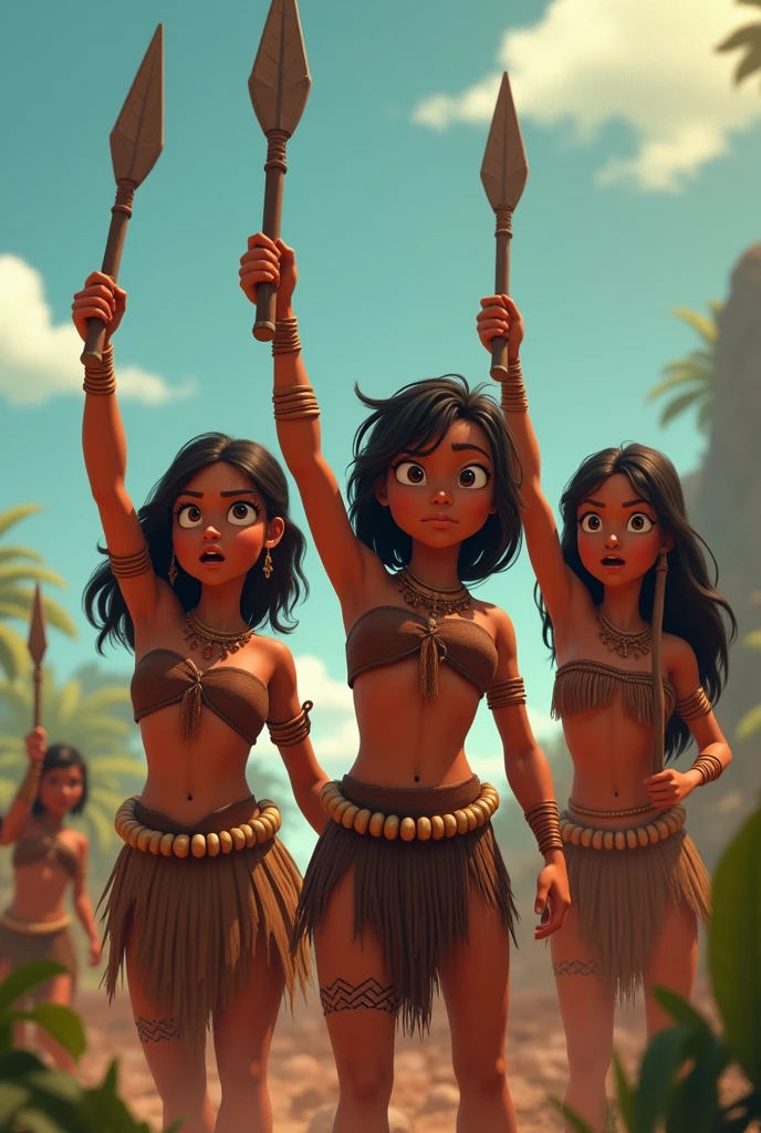 A group of 3 indigenous people raising improvised weapons animated to draw 



