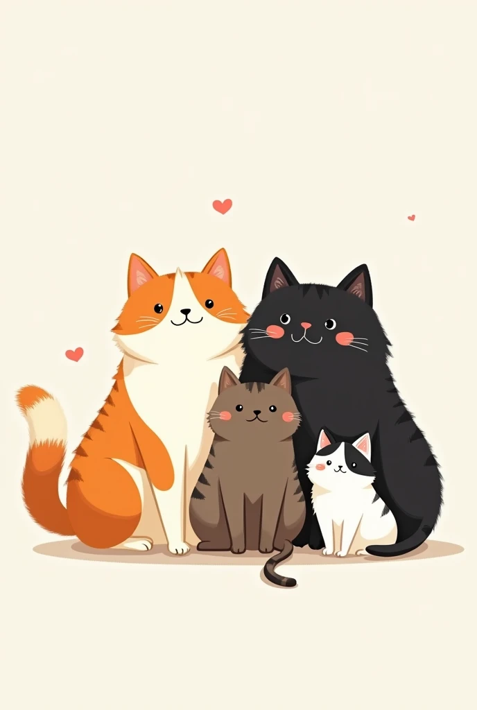 create me a wallpaper of 4 cats together happy 1 orange with white with lots of hair big 1 big chubby black 1 dark brown with white big 1 only white with black small not so much in minimalist style drawing
