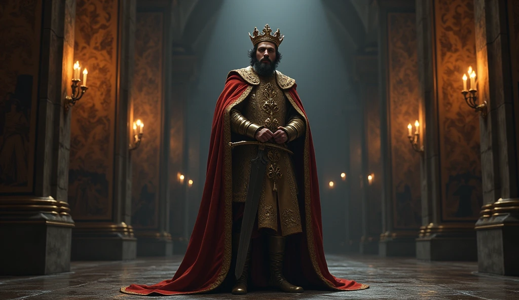 A dark, atmospheric illustration of Philip of Valois asserting his claim to the French throne, rendered in the evocative style of Edmund Blair Leighton. Philip stands tall in a grand, dimly lit hall, dressed in elaborate royal robes adorned with intricate embroidery and the fleur-de-lis, symbols of his claim. The crown of France, heavy and ornate, rests upon his brow, casting a subtle glint in the muted light. His expression is resolute, a mixture of determination and regal authority, as he grips the scepter firmly in one hand and a sword sheathed at his side, embodying both the ruler and the warrior. The background reveals towering stone pillars and tapestries depicting scenes of past French glories, now shrouded in shadow, hinting at the weight of history behind his claim. Flickering torches cast long, dramatic shadows that dance across the stone floor, enhancing the mood of impending conflict and legitimacy. The scene is rich in detail, with the textures of fabric, metal, and stone, Surrealism, Hyperrealism, UHD, retina, masterpiece, accurate, anatomically correct, textured skin, super detail, 16k