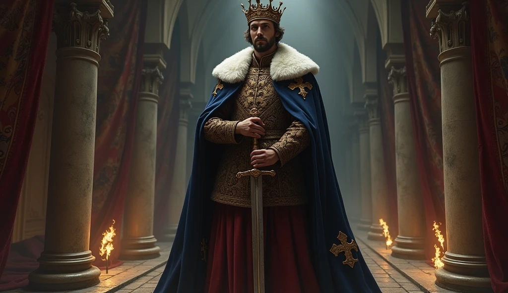 A dark, atmospheric illustration of Philip of Valois asserting his claim to the French throne, rendered in the evocative style of Edmund Blair Leighton. Philip stands tall in a grand, dimly lit hall, dressed in elaborate royal robes adorned with intricate embroidery and the fleur-de-lis, symbols of his claim. The crown of France, heavy and ornate, rests upon his brow, casting a subtle glint in the muted light. His expression is resolute, a mixture of determination and regal authority, as he grips the scepter firmly in one hand and a sword sheathed at his side, embodying both the ruler and the warrior. The background reveals towering stone pillars and tapestries depicting scenes of past French glories, now shrouded in shadow, hinting at the weight of history behind his claim. Flickering torches cast long, dramatic shadows that dance across the stone floor, enhancing the mood of impending conflict and legitimacy. The scene is rich in detail, with the textures of fabric, metal, and stone, Surrealism, Hyperrealism, UHD, retina, masterpiece, accurate, anatomically correct, textured skin, super detail, 16k