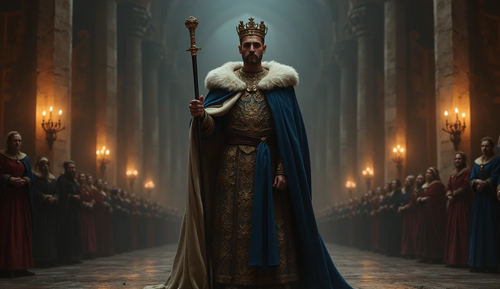 A dark, atmospheric illustration of Philip of Valois asserting his claim to the French throne, rendered in the evocative style of Edmund Blair Leighton. Philip stands tall in a grand, dimly lit hall, dressed in elaborate royal robes adorned with intricate embroidery and the fleur-de-lis, symbols of his claim. The crown of France, heavy and ornate, rests upon his brow, casting a subtle glint in the muted light. His expression is resolute, a mixture of determination and regal authority, as he grips the scepter firmly in one hand and a sword sheathed at his side, embodying both the ruler and the warrior. The background reveals towering stone pillars and tapestries depicting scenes of past French glories, now shrouded in shadow, hinting at the weight of history behind his claim. Flickering torches cast long, dramatic shadows that dance across the stone floor, enhancing the mood of impending conflict and legitimacy. The scene is rich in detail, with the textures of fabric, metal, and stone, Surrealism, Hyperrealism, UHD, retina, masterpiece, accurate, anatomically correct, textured skin, super detail, 16k