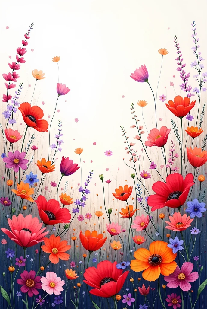 There is a painting of a flower field on a white background, Fondo pintado floral, floral explosion, an aesthetic field of flowers, patchy flowers, botanical rainbow backdrop, Floral details, delicate garden on paper, floral environment, floral growth, Floral!, floral embroidery, Blooming flowers, made of wildflowers, floral wallpaper, field of flowers background, floral flowers colorful, Meadow flowers