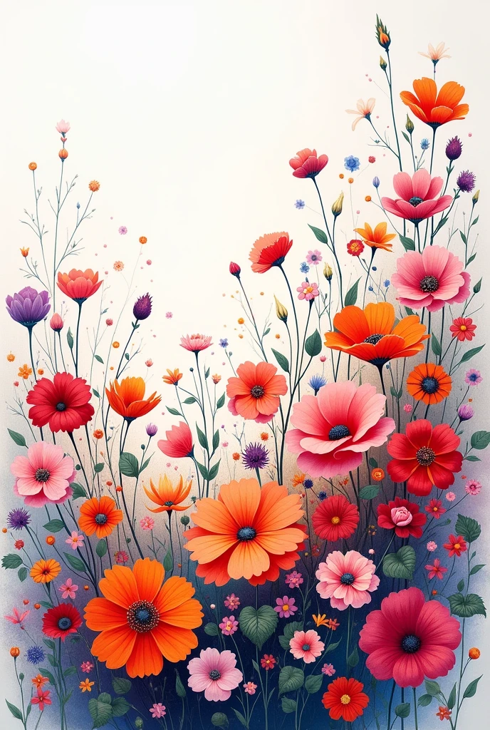 There is a painting of a flower field on a white background, Fondo pintado floral, floral explosion, an aesthetic field of flowers, patchy flowers, botanical rainbow backdrop, Floral details, delicate garden on paper, floral environment, floral growth, Floral!, floral embroidery, Blooming flowers, made of wildflowers, floral wallpaper, field of flowers background, floral flowers colorful, Meadow flowers