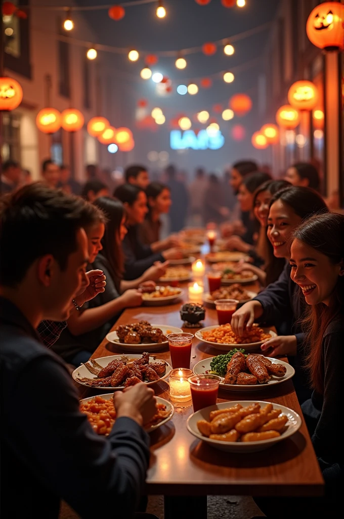 Create an image of a Halloween-themed burger and wings company tasting event