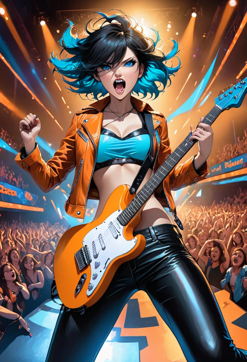 illustration, detailed illustration, ultra detailed, dynamic angle, 30 year old woman, short black hair, hair with cyan streaks, mismatched eyes, orange eye, blue eye, lean, medium breasts, black bikini top, black leather pants, orange leather jacket, playing cyan electric guitar, dark arena, stage, audience, dynamic pose, snarl, mean face