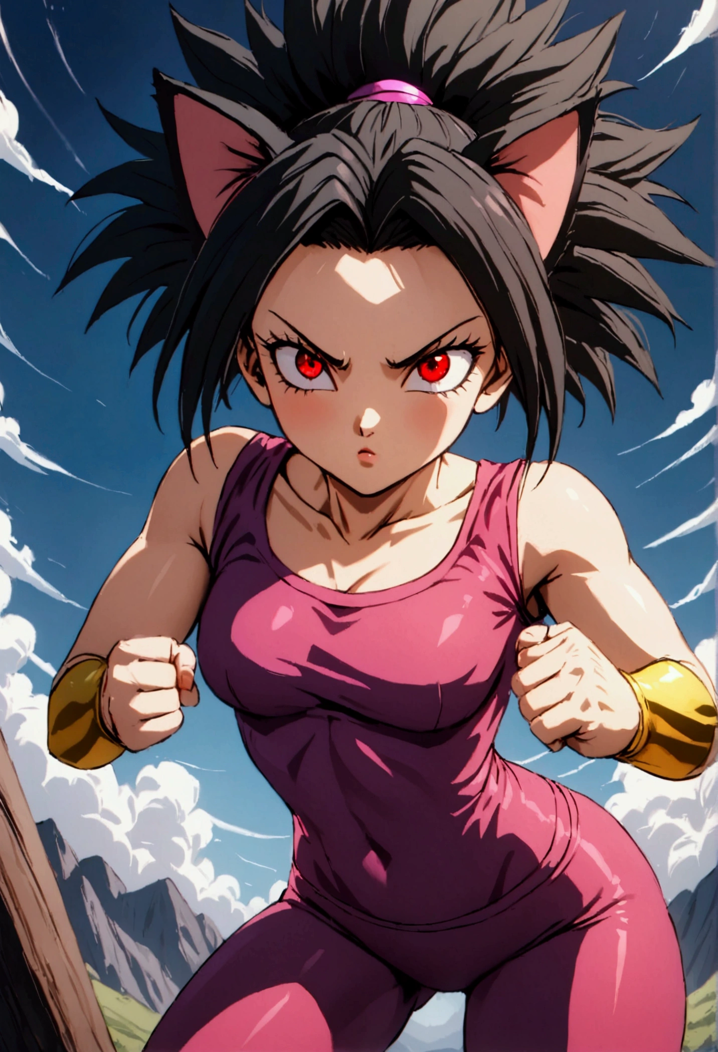 junkotvvxl Kefla style with black hair up, cat ears, red eyes, with purple top and leggings, One punch man style