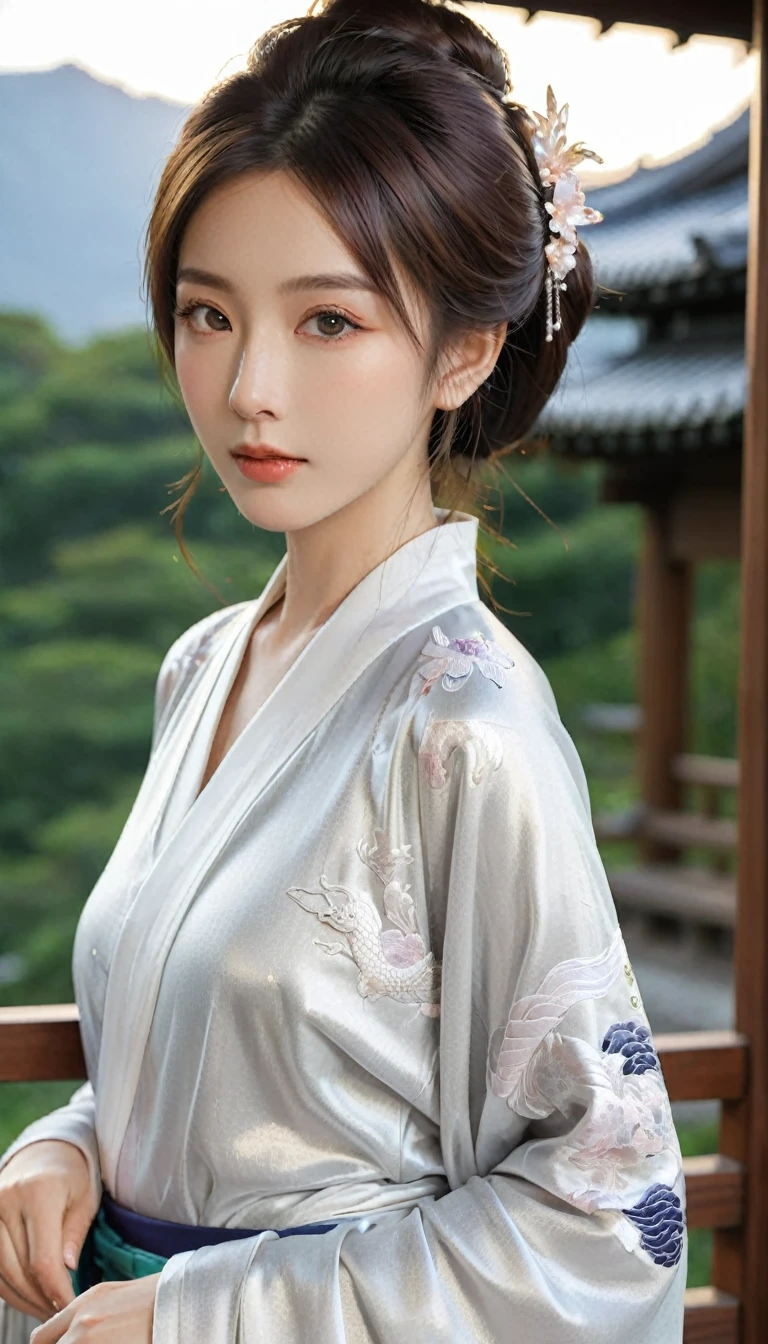 (Beautiful models in Japanese kimono ads), (Solitary), ((The face is 80% Beauty and elegance, 20% Playful:1.5)), (Her), Clear eyes, (Delicate eyes, Light brown eyes, Smart pupils), Double eyelids, (Sexy and slightly thick lips:1.2), Ultra Detailed and incredibly high resolution Kimono, Highly detailed facial texture, Attractive body shape, Full figure、very attractive woman, High-resolution RAW color photos Professional photos, rest ultra high-resolution textures, High resolution body rendering, big eyes, An unrivalled masterpiece, Incredibly high resolution, Ultra Detailed, Amazing ceramic skin, rest (Wearing a sparkling limpa flow silver kimono，There are many colors of Limpa Silver), (The main color is Rinpa shiny silver, Black to silver gradient from hem to collar), (Meticulously crafted classic Japanese shiny silver kimono), ((The embroidery pattern is a Japanese dragon, cloud, Mountains, and rivers)), (A belt that matches this kimono), ((shiny silver kimono，With delicate and elegant embroidery)), (The background is a night view，Light snow falling) rest ((best quality, 8k)), Clear focus:1.2, (Layer cutting, Large target:1.2), (Beautiful Women in Perfect Shape:1.4), (Beautiful figure，Full breasts:1.3), Slim waist, (The right hand shape:1.5), (full-body shot | Cowboy shooting | Rear view)