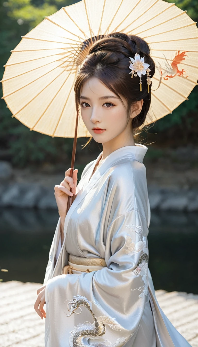 (Beautiful models in Japanese kimono ads), (Solitary), ((The face is 80% Beauty and elegance, 20% Playful:1.5)), (Her), Clear eyes, (Delicate eyes, Light brown eyes, Smart pupils), Double eyelids, (Sexy and slightly thick lips:1.2), Ultra Detailed and incredibly high resolution Kimono, Highly detailed facial texture, Attractive body shape, Full figure、very attractive woman, High-resolution RAW color photos Professional photos, rest ultra high-resolution textures, High resolution body rendering, big eyes, An unrivalled masterpiece, Incredibly high resolution, Ultra Detailed, Amazing ceramic skin, rest (Wearing a sparkling limpa flow silver kimono，There are many colors of Limpa Silver), (The main color is Rinpa shiny silver, Black to silver gradient from hem to collar), (Meticulously crafted classic Japanese shiny silver kimono), ((The embroidery pattern is a Japanese dragon, cloud, Mountains, and rivers)), (A belt that matches this kimono), ((shiny silver kimono，With delicate and elegant embroidery)), (The background is a night view，Light snow falling) rest ((best quality, 8k)), Clear focus:1.2, (Layer cutting, Large target:1.2), (Beautiful Women in Perfect Shape:1.4), (Beautiful figure，Full breasts:1.3), Slim waist, (The right hand shape:1.5), (full-body shot | Cowboy shooting | Rear view)