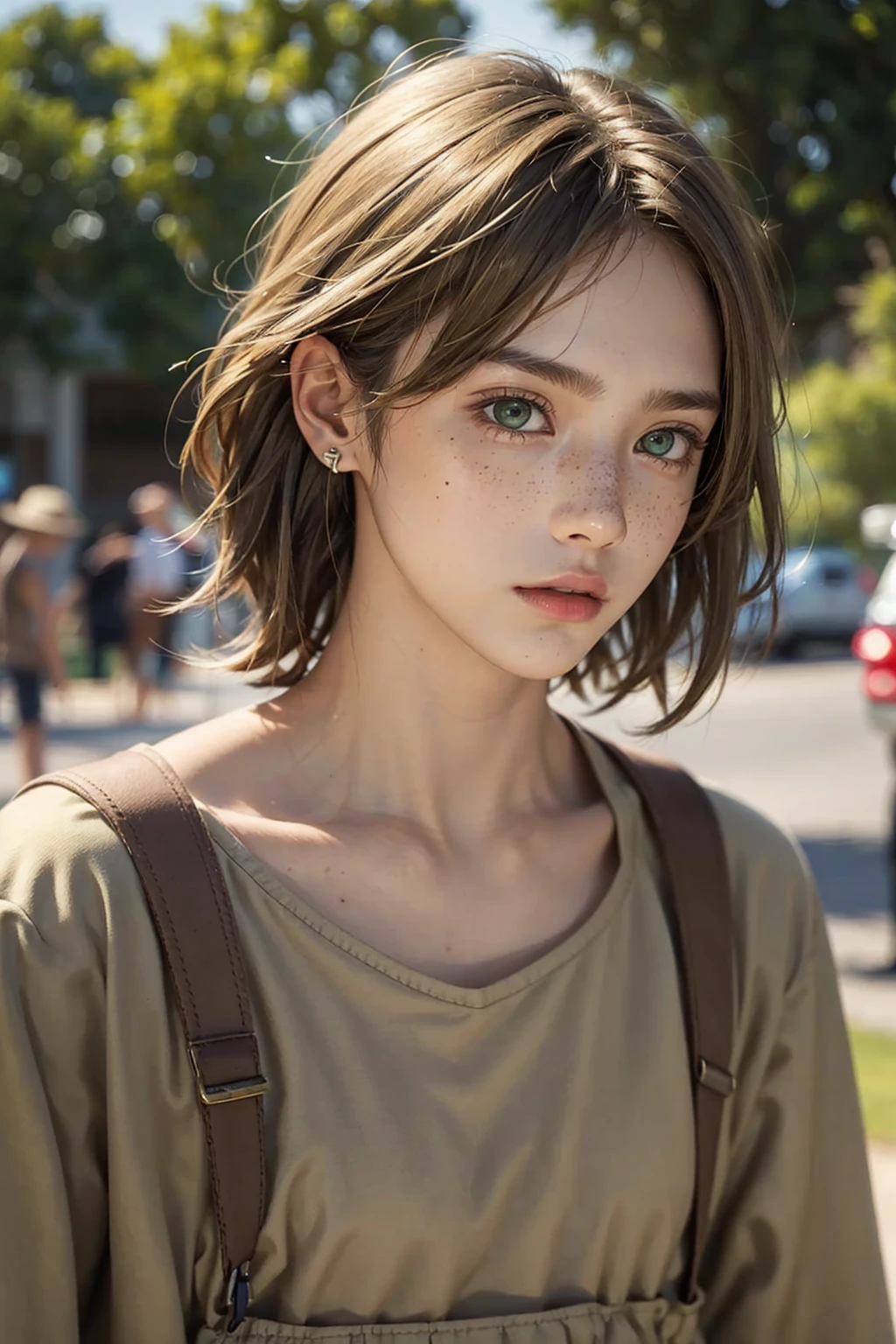 Male, Teen boy, tall, baggy fashion, blond-brown hair, short messy hair, ear lenghth hair, under cut, short hair, olive green eyes, tan skin, freckles, soft features, face profile only, male, not female, male, man, not women