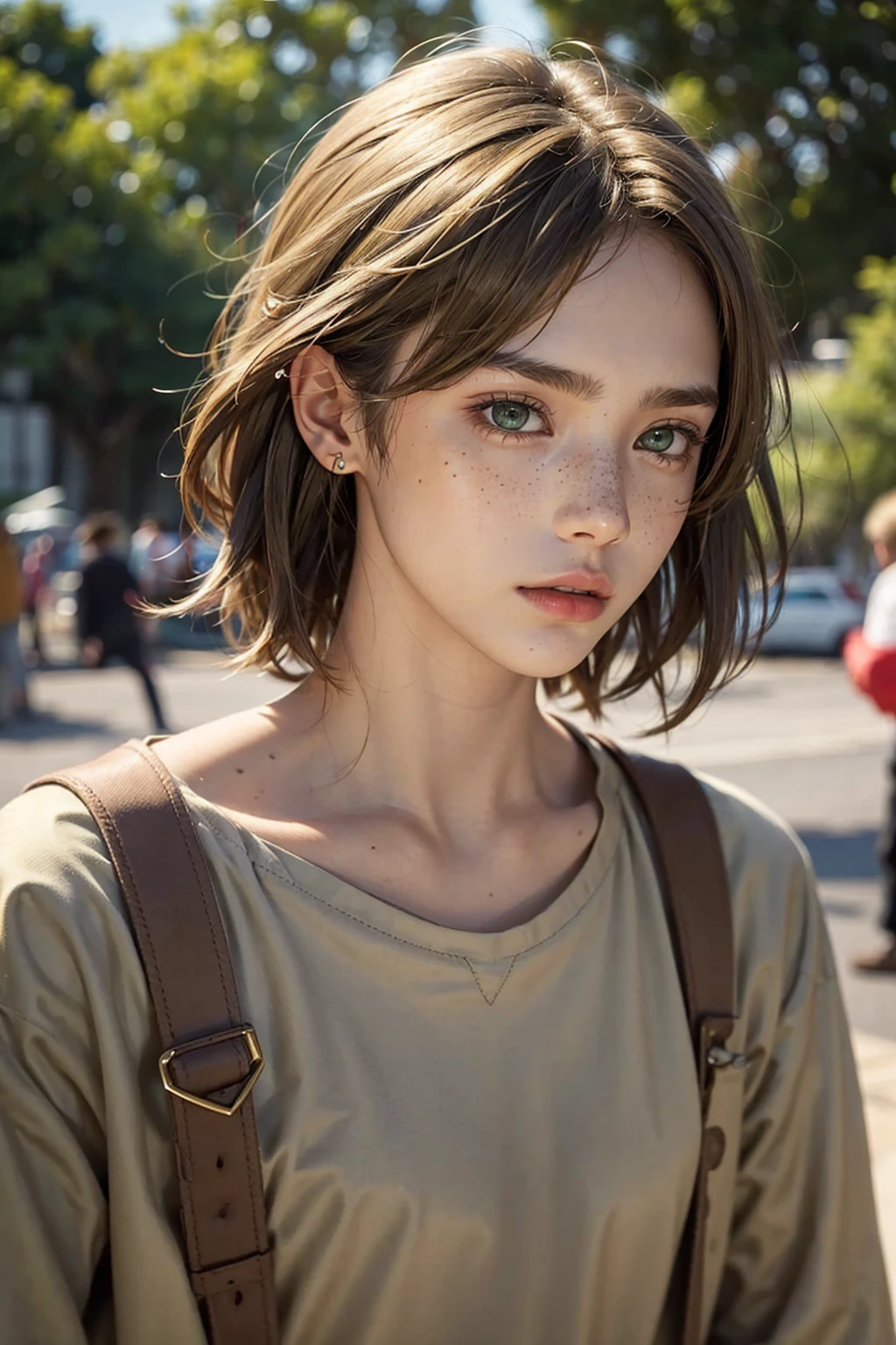 Male, Teen boy, tall, baggy fashion, blond-brown hair, short messy hair, ear lenghth hair, under cut, short hair, olive green eyes, tan skin, freckles, soft features, face profile only, male, not female, male, man, not women