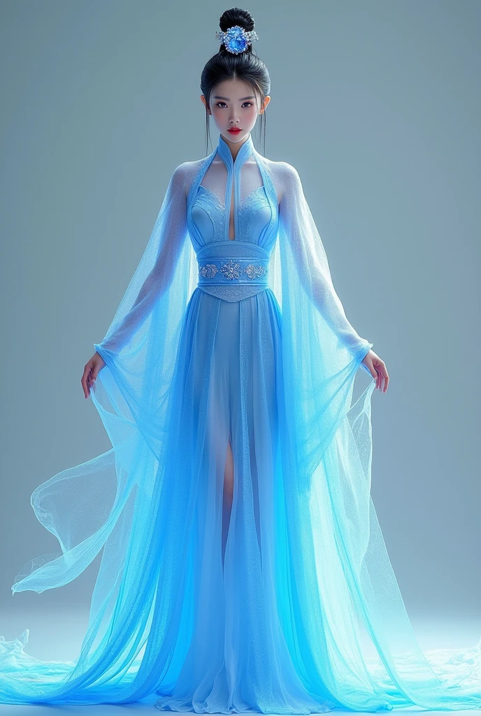 (Full Body), A luminous Chinese beauty (Dilraba Dilmurat) from ancient dynasties (221 BCE - 220 CE) stands majestically against a neutral background, her vibrant white-blue twotone Wuxia attire radiating an otherworldly aura. David Lachapelle's lens captures the frozen moment of her polished body, Si-fi graphics luminescent attire, and captivating gaze meeting the camera with unflinching intensity. reflected light liquid metal fabric attire, 8K resolution reveals razor-sharp features, high-contrast details, and Traditional Chinese hairstyles, while a subtle sheen on her lips hints at the application of Traditional lipstick, spiritual cosmic to realistic, reflected light Glass hair pin
