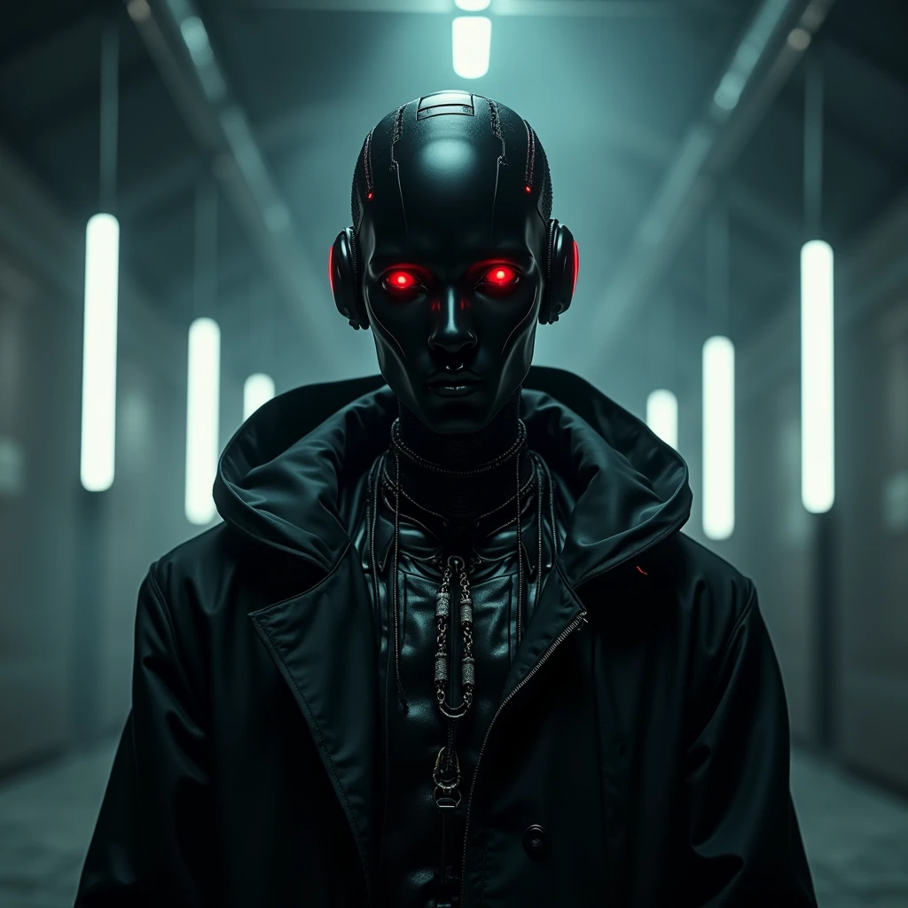this is a very artistic and smart creation of a music album art desing. the tracks and the concept are related of techno music with a robotic , vampyric, gothic concept..  the main character is a black painted male vampyre-cyberpunk robot, 8192k , UHD, cinematic realistic lighting, artistic night view photo taken with a professional canon camera with next parameters : ISO 6400, f / 1.8 , speed range 1/60, led white lights on the bacground, black scary and smoky  background