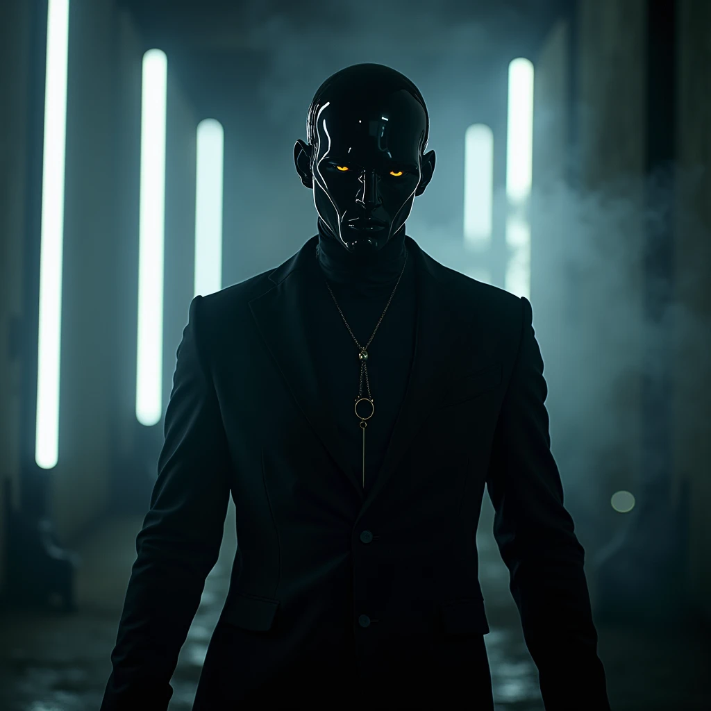this is a very artistic and smart creation of a music album art desing. the tracks and the concept are related of techno music with a robotic , vampyric, gothic concept.. the main character is a black painted male vampyre-cyberpunk robot, 8192k , UHD, cinematic realistic lighting, artistic night view photo taken with a professional canon camera with next parameters : ISO 6400, f / 1.8 , speed range 1/60, led white lights on the bacground, black scary and smoky background