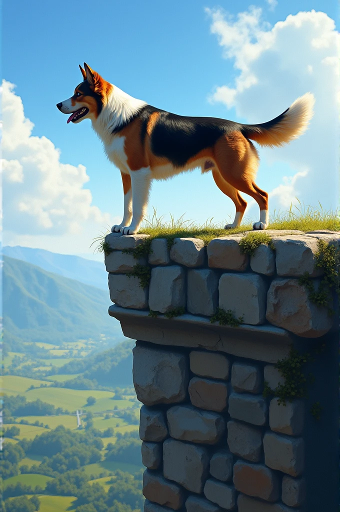 A dog balancing on a very high wall,PICTURE REALISTIC 